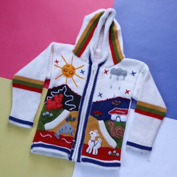 Vintage Handmade Animals & Friends Knitted Zip-Up Sweater - Picture 2 of 7